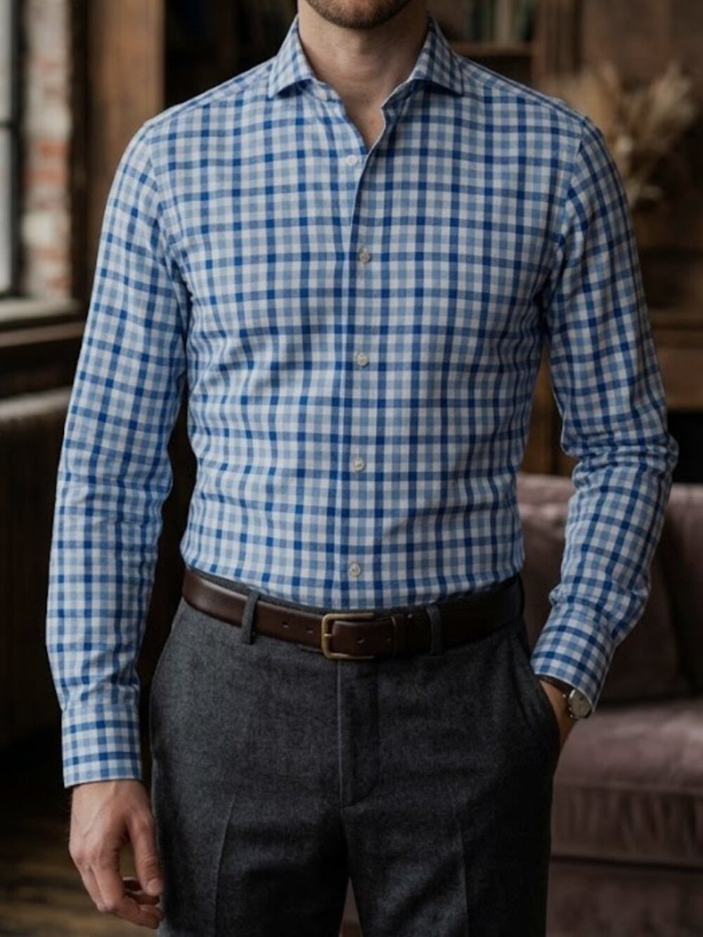 HUGO Hugo Boss Blue Gingham Check Slim Fit Dress Shirt Size 39 / 15.5